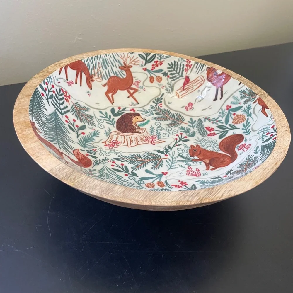 Hand Painted Kenzie Kae Mango Wood Bowl w Enamel Inner 10 in Cottagecore Forest